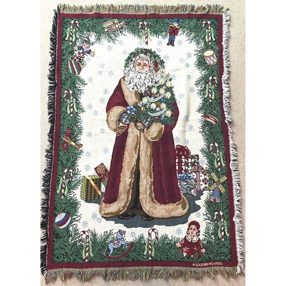 Goodwin Weaver Old World Christmas Santa Tapestry Fringe Throw Blanket 64x44 USA